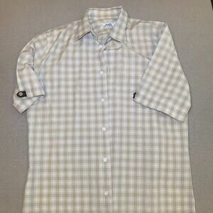 Authentic Hermès Paris Men’s Short Sleeve Button Down Shirt Tan Checkered Size M